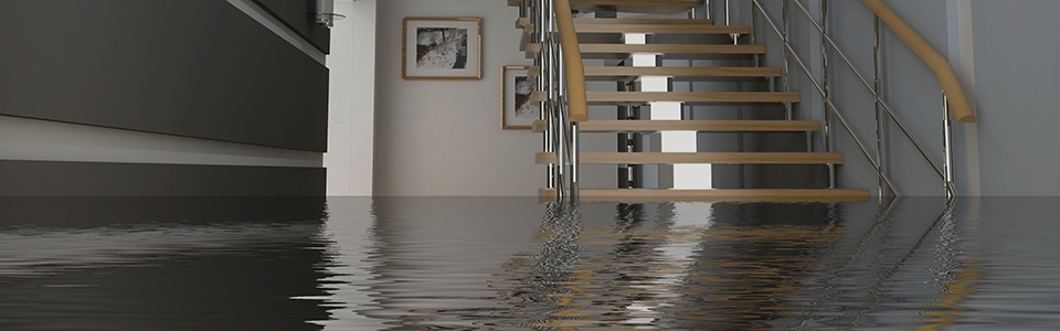 Flooded basement with Stairs