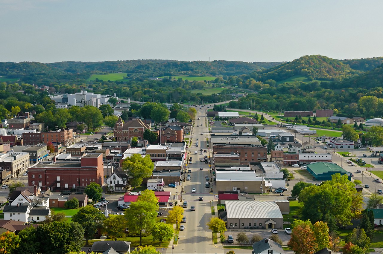 Aerial view of Richland Center, a city in Richland County, Wisconsin, on a clear, sunny day in Fall.